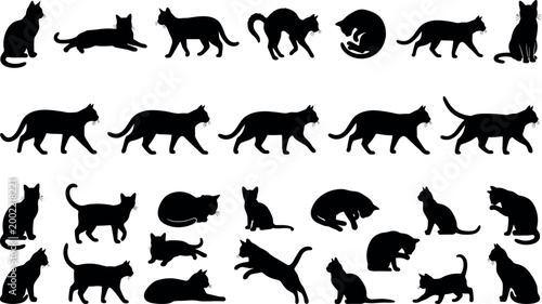 Large collection of domestic cat silhouettes featuring various poses including walking jumping sleeping and grooming for pet design projectsLarge collection of domestic cat silhouettes featuring va