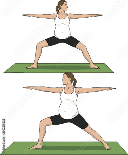 Pregnant Woman Practicing Prenatal Yoga Warrior Pose Exercise Set Supporting Maternal Fitness Pregnancy Wellness Healthy Active Motherhood Lifestyle Illustration