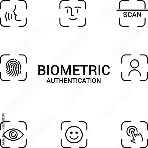 Biometric authentication icon set, facial recognition and fingerprint scanning symbols, digital security and identity verification vector graphics