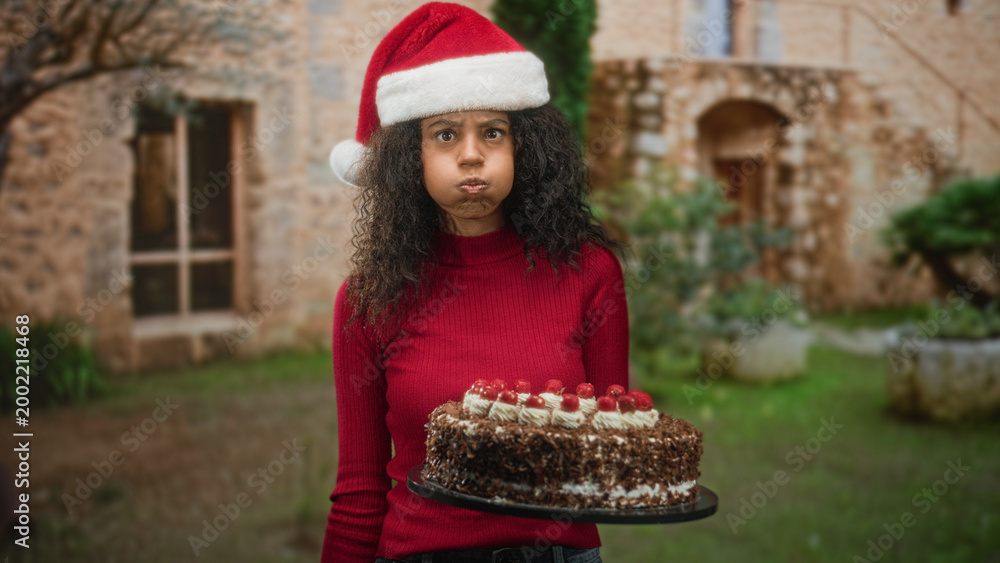 Naklejka premium Woman holding chocolate cake and smiling, curly haired teenager wearing santa hat and red sweater in front of stone building courtyard; holiday joy.