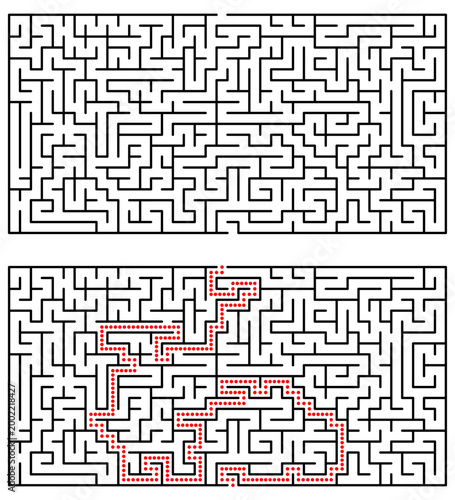 Vector maze puzzle set: blank labyrinth and solved version with red route. Great for educational printables, brain teasers and activity books.