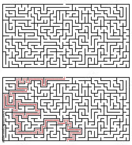 Vector maze puzzle set: blank labyrinth and solved version with red route. Great for educational printables, brain teasers and activity books.