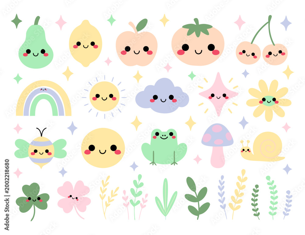Fototapeta premium Cute Fruit, Weather, Insect and Nature Sticker Set with Smiling Cartoon Characters