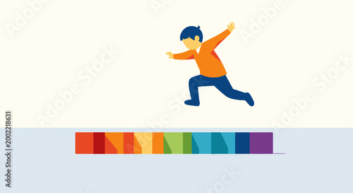 Vibrant vector illustration of a boy leaping over a colorful spectrum, symbolizing progress, achievement, growth, and overcoming challenges with energy.