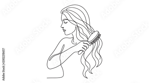 Continuous line art drawing of a woman brushing her long flowing hair, showcasing a relaxing beauty routine and self-care moment with elegant simplicity