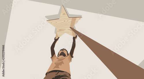 Child reaching up to place a wooden star on a wall, symbolizing achievement, dreams, and childhood aspirations.
