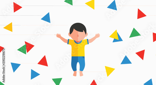 Joyful child with open arms surrounded by colorful confetti, celebrating a happy moment