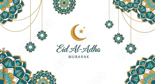Festive Eid al-Adha mubarak with crescent moon and traditional Islamic decorations