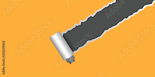 Torn paper revealing gray background with curled white edge on orange tear rip. Resizable and Editable. EPS, 10.