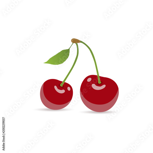 Two vibrant cherries with stems and a single green leaf on a white background