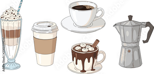 Coffee drinks collection with latte, cappuccino, milkshake and moka pot, hot and cold beverages vector illustration set