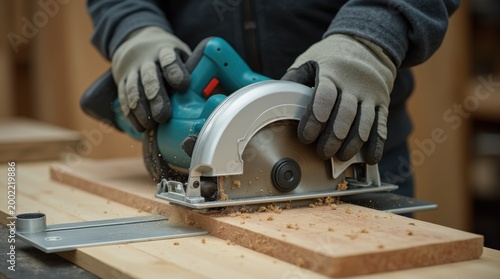 Carpenter wears gloves using circular saw to cut wood plank. Sawdust flies as tool cuts timber. Safety guard is in place during woodworking task. 
