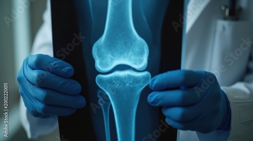 doctor checking fracture in knee bone on medical imaging film 
