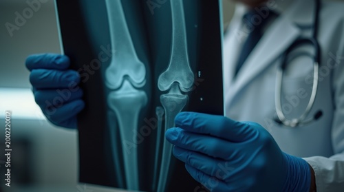 doctor checking fracture in knee bone on medical imaging film 

