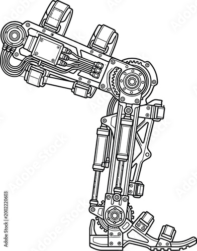 Detailed technical blueprint illustration of a futuristic bionic robotic leg, showcasing advanced mechanical engineering and innovative design for prosthetics.