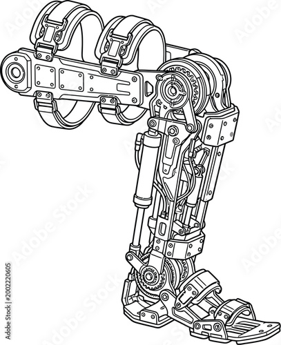 Detailed technical drawing of a motorized robotic leg exoskeleton featuring complex mechanical joints and structural metal bracing components