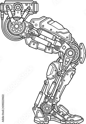 Technical line art depicting a futuristic bionic leg, highlighting its advanced robotics, intricate mechanisms, and powerful prosthetic design.