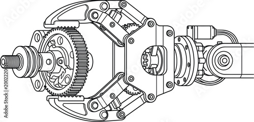 Detailed mechanical drawing of a robotic gripper precisely holding a complex gear mechanism for industry