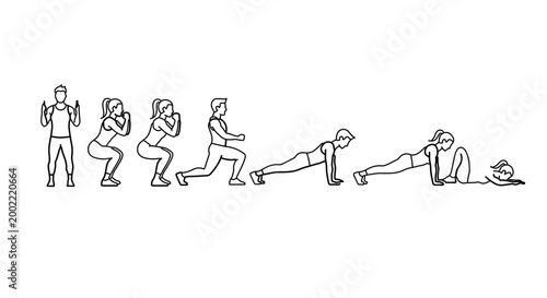 Stepbystep illustration of a person performing a burpee exercise sequence