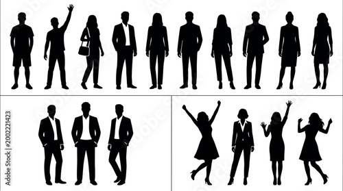 Set of diverse people silhouettes featuring business professionals and casual characters in standing walking and celebrating poses for corporate projectsSet of diverse people silhouettes