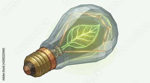 Stylized geometric lightbulb with glowing green leaf filament symbolizes bright innovative ideas and environmental awareness