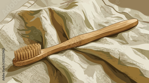 A classic brown wooden toothbrush with natural bristles sits horizontally as an eco-friendly tool for daily oral hygiene