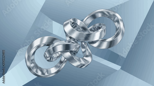 A complex metallic infinity loop sculpture features polished chrome surfaces reflecting light in a seamless interconnected geometric design