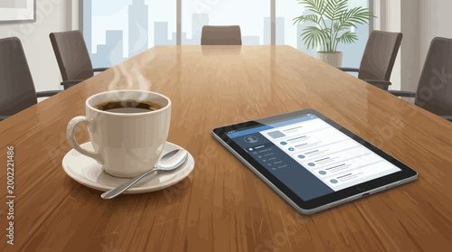 Hot coffee and tablet computer with social media displayed on a wooden conference table