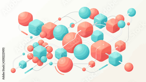 Abstract digital network composed of interconnected coral and cyan spheres and cubes illustrating complex technical data flow concepts