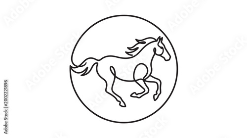 Continuous line art emblem of a galloping horse inside a circle, symbolizing power and freedom