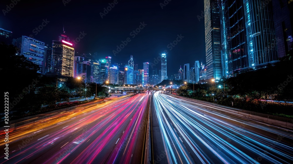 Fototapeta premium Multicolored light trails streak across a freeway beneath a towering metropolitan skyline after dark