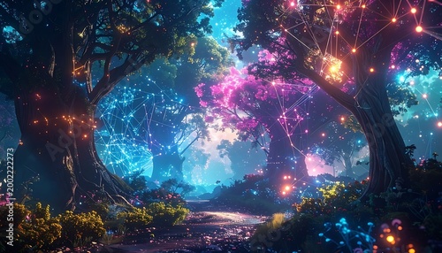 Magical forest, glowing with pink, blue, and orange light, trees with intricate glowing webs, fantastical, dreamlike scene