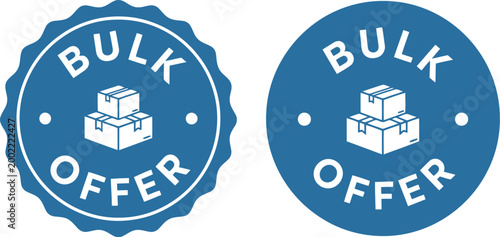 Blue bulk offer badge icons with cardboard boxes for wholesale discount promotions and ecommerce marketing