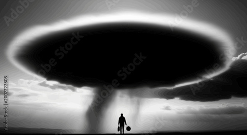 Silhouette of a lone person walking towards a giant dark oval portal in the sky