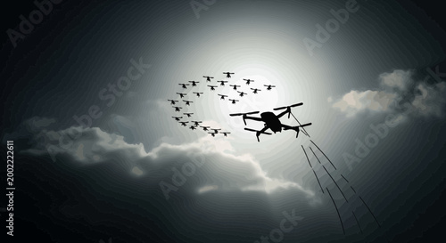 Black drone flying in the cloudy night sky with bright moon light behind the clouds