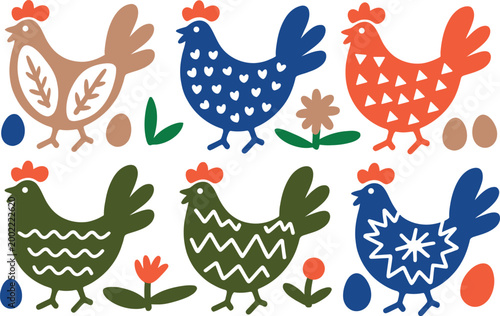 Collection of Six Stylized Folk Art Chickens and Easter Eggs with Flowers and Leaves on White Background