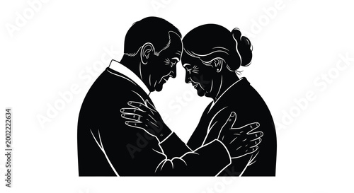 elderly couple embracing in black and white silhouette high quality professional detailed modern elegant stylish clean crisp vibrant colorful digital creative