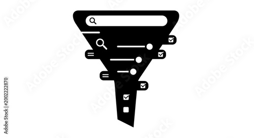 Black sales funnel icon with search bar and filter sliders for digital marketing strategy