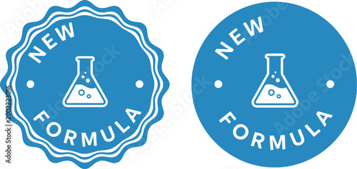 Blue new formula badge icons with laboratory flask symbol for product packaging and marketing labels