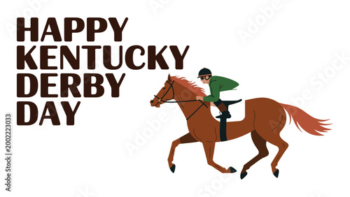Colorful illustration of jockey riding brown horse with bold “Happy Kentucky Derby Day” text celebrating iconic horse racing festival tradition
