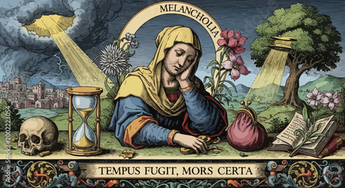 Renaissance style illustration of a thoughtful woman with hourglass and ancient book