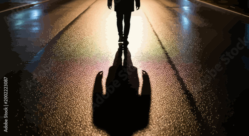 Silhouette of a man walking on a wet street at night with bright lights and reflections
