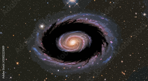Spiral galaxy rotating in the deep dark space with glowing stars and nebula clouds