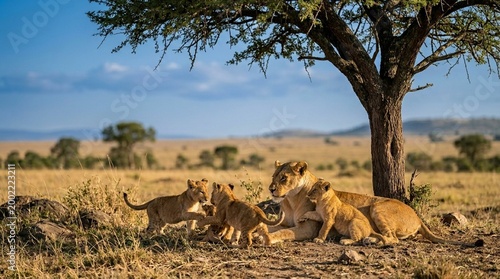 African lion three cubs playing beside their mother under an acacia tree in afternoon light eye-level intimate close approach Phase One IQ4 150MP soft morning light sharp alpine light above treeline