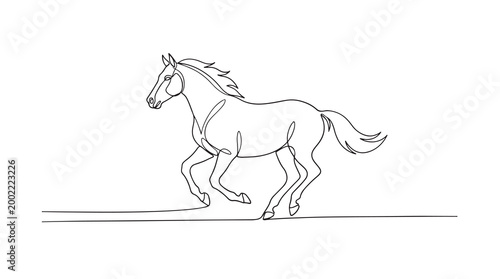 Minimalist single line drawing of a majestic horse in motion, captured with elegant simplicity