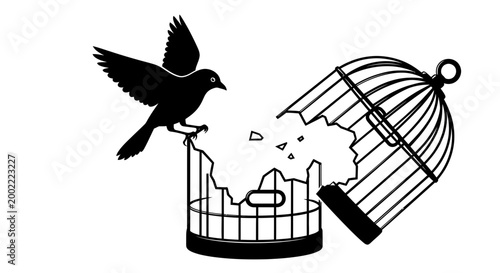 Black bird flying away from an open metal cage representing freedom and liberation concept