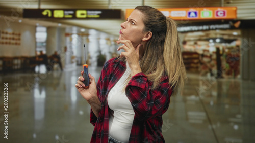 Картината върху платно Woman holding screwdriver with fingertip on chin in an airport terminal near departure signage, looking upward; thoughtful