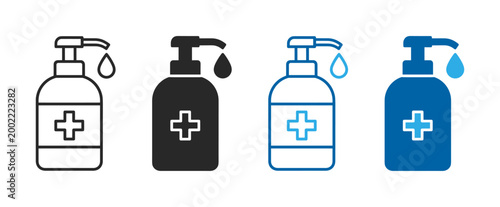 Sanitizer pump bottle hygiene cleaning hand wash line icon on transparent background