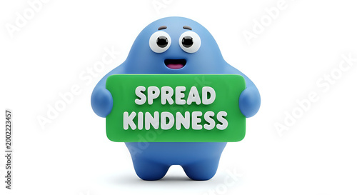 Cute blue blob character holding a green sign with 