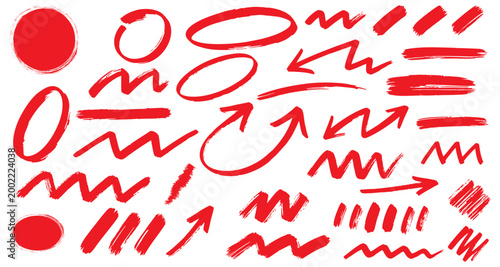 Abstract red brushstrokes and scribbles on white background silhouette elements